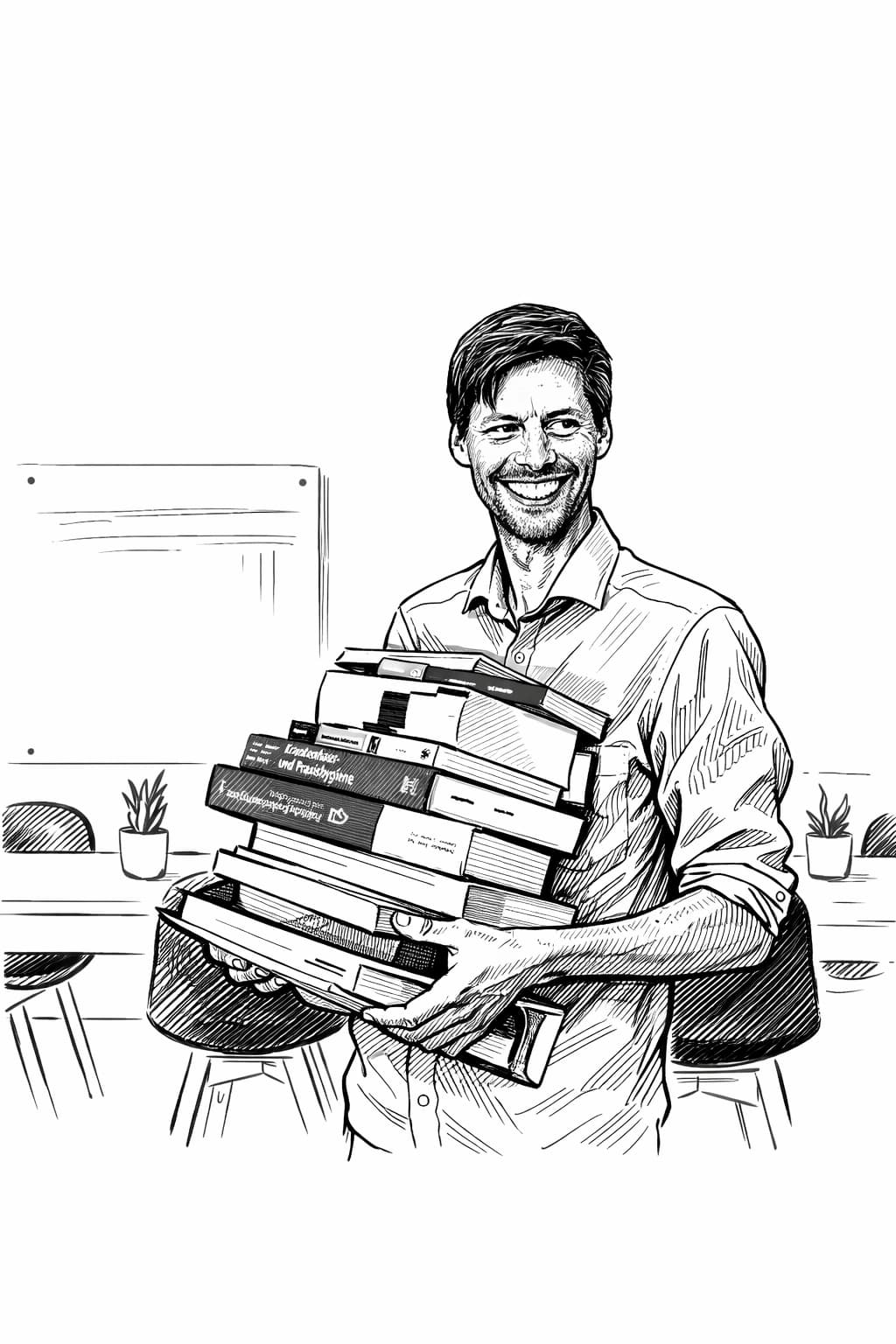 Illustration: Dr. Florian Salm trägt einen Stapel Fachbücher